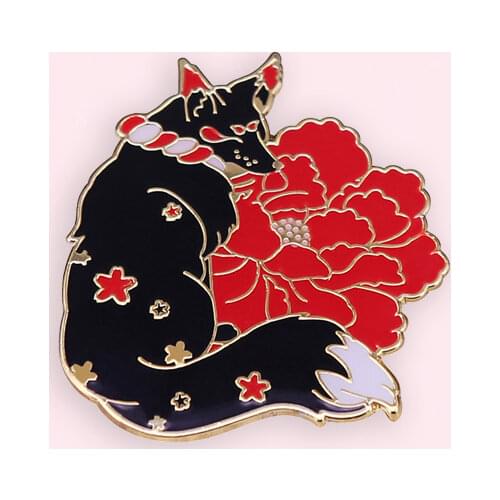 Elegant Japan Shrine Kitsune Hard Brooch Kawaii Fox and Beautiful Red Flowers Enamel Pin Cartoons Animal Lapel Badges