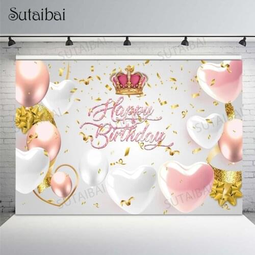 Princess Birthday Party Photocall Background Pink Crown Love Heart Balloon Baby Custom Portrait Photography Backdrop Decor Props
