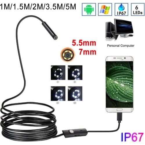 5.5mm 7mm Endoscope Camera 1M/1.5M/2M/3.5M/5M Flexible IP67 Waterproof Inspection Borescope Camera For Android 6 LEDs Adjustable