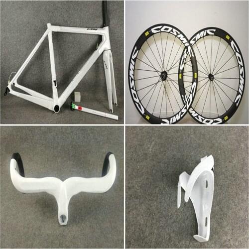 Customize White C64 Carbon Road Frameset + 50mm Cosmic White Carbon wheelset Black Handlebar White Bottle Cages