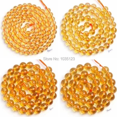 High Quality Natural yellow Crystal Stone Smooth Round 4/6/8/10/12/14mm Gems Loose Beads 15 Inch Necklace Bracelet Jewelry wj109