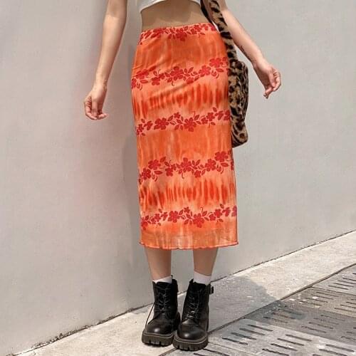 Fashion Summer Women Boho Beach Casual Style Skirts Female High Waist Floral Printing Orange Midi Skirt Party Holiday Clothing