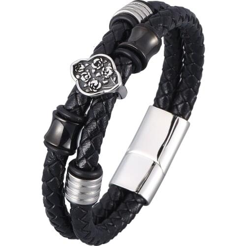 Fashion Men Bracelet Stainless Steel Charm Magnetic Black Leather Genuine Braided Punk Bangles Jewelry Birthday Gifts BB0956