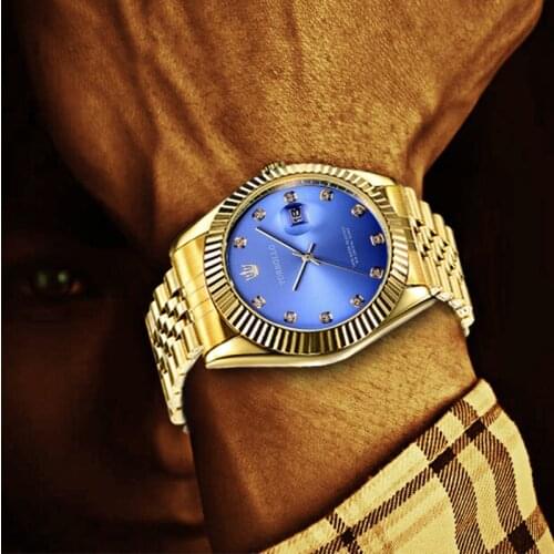 TORBOLLO Brand NEW Fashion Quartz Mens Watch Stainless Steel Date Analog Display Gold Blue Men Watches relogio masculino