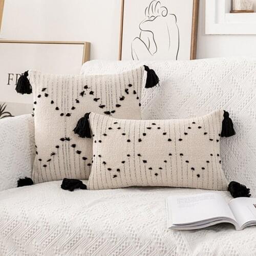 Black White Geometric Cushion Cover Cotton Handwoven Tassels Pillow Cover Decorative Pillows For Sofa Home Decor 45x45cm/30x50cm