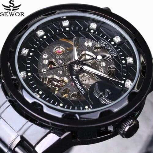 SEWOR 2018 New Luxury Fashion Casual Retro Vintage Stainless Steel Men Mechanical Watch Diamond Automatic Skeleton montre homme