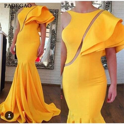 New Yellow Evening Dresses Mermaid Long Party Dress Stain Ruffles Floor Length Sweep Train Ruched Evening Dress Custom Made