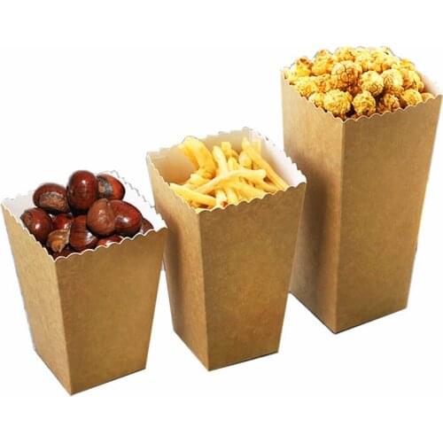 Disposable Kraft Paper Popcorn Cup Snack Paper Box Fries Stripe Box Solid Fast Food Thick Container Cinema Package Cup 50pcs/set