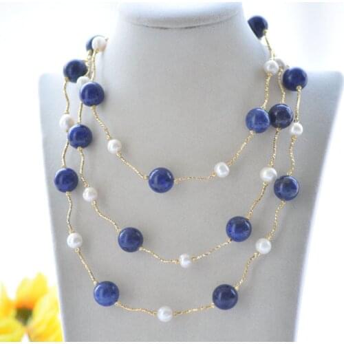 P7191 32" Round Blue lapis lazuli & White Freshwater Pearl Necklace