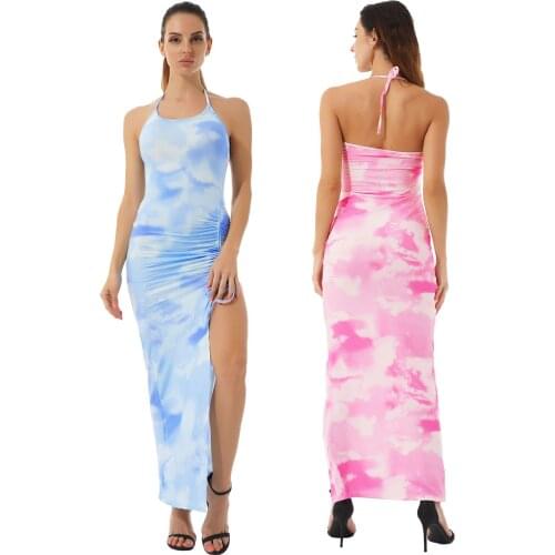 Backless Dresses Women Fashion Print Drawstring Side Slit Bodycon Maxi Dress Summer Sleeveless Halter Lace-Up for Party Nightclu