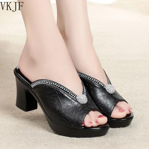 Fashion Crystal Platform Slippers Women 2021 Peep Toe Thick Bottom Sandals Woman Summer Outdoor Black High Heels Slides