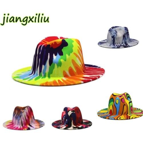 Wide brim wool fedora hat autumn winter new men women tie-dye retro colorful color matching jazz top hat Panama wedding hat