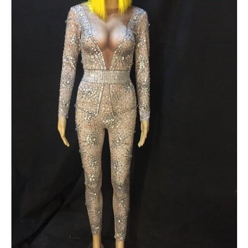 Sexy Stage Bright Silver Crystals Jumpsuits Sexy Rhinestones Bodysuit Stage Dance Wear Womens Evening Celebrate Shining Costume