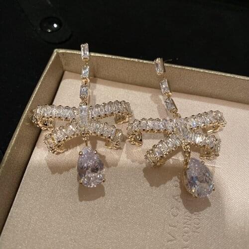 High Quality Long Hanging Earrings Bow Water Droplets Pendant Crystal Cubic Zircon Exaggerate Retro Women Jewelry