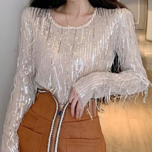 2021 Womens Long Sleeve Hollow Blouses Sequins Sparkle Blingbling Tassels Casual Shirt Womens Korean Tide Shirts Blouses