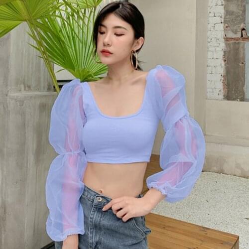 Womens T-shirt Long Puff Sleeve Shirts Summer Women\\s Solid Color Kawaii Clothes White Sweet Korean Style Tee