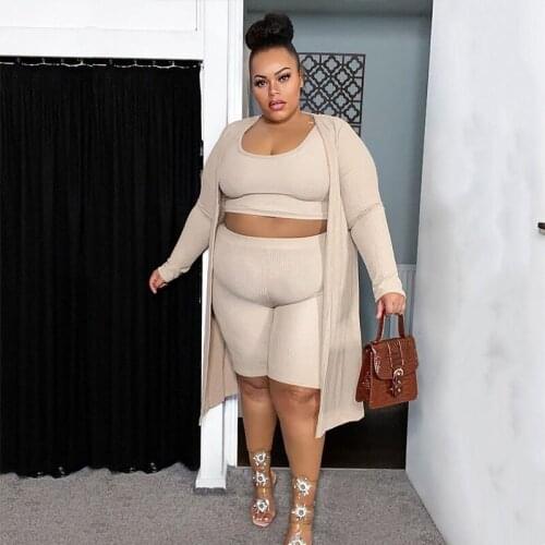 Plus Size Women Clothing Three Piece Set Long Sleeve Coat and Crop Top Shorts Sets Ribbed Sexy Outfits Dropshipping Wholesale