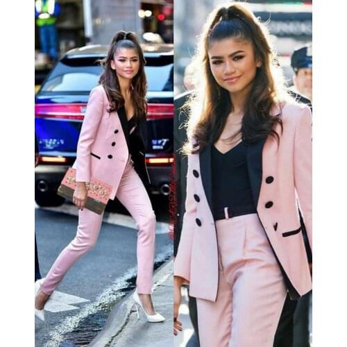 Womens Pink Casual Suits Lady Business Office Tuxedo 2 Piece Jacket Pants Sets Formal Peaked Lapel Blazer костюм женский офис