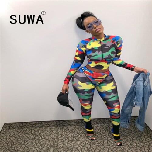 New Camouflage Print Womens Set Long Sleeve Zipper Tops Leggings Pants Suit Active Wear Tracksuit Two Piece Set Fitness