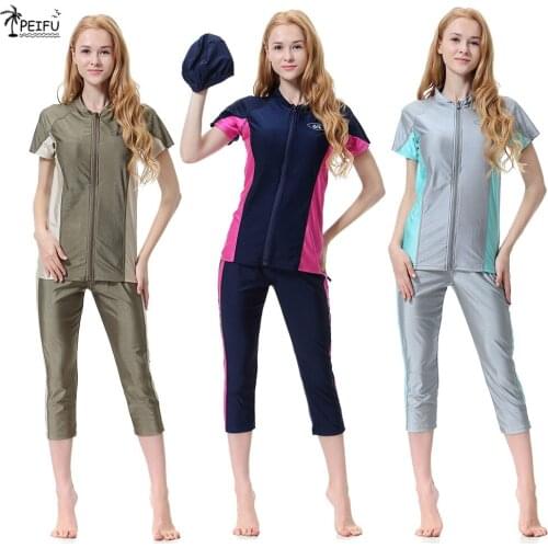 PEIFU Muslim short-sleeved zipper Paul ladies swimsuit pants hooded three-piece fashion Islamic beachwear swimsuit