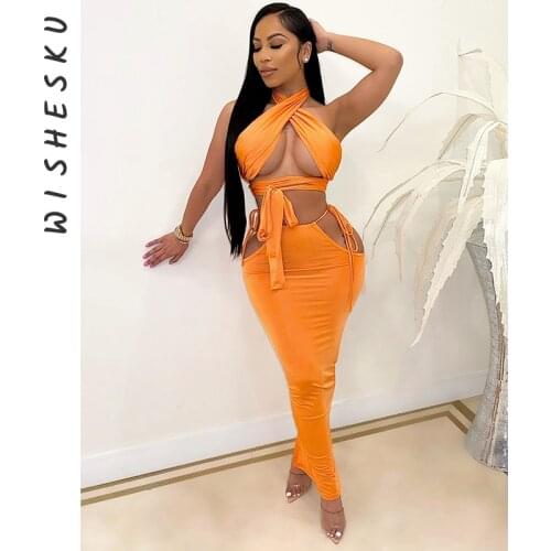 Sexy Off Shoulder Halter Corset Top Women Bodycon Cut Out Night Club Prom Skirt Casual Long Cut Out Skirts Outfits 2021 Summer
