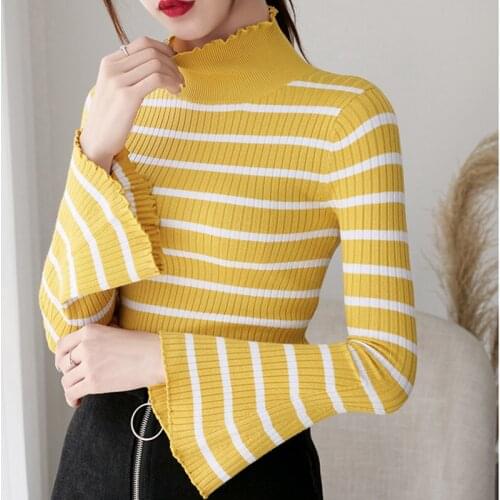 Knitted Striped Pullover Sweaters Women Half High Collar Long Sleeve Sweater Mujer Spring Autumn Slim All-match Sueters De Mujer