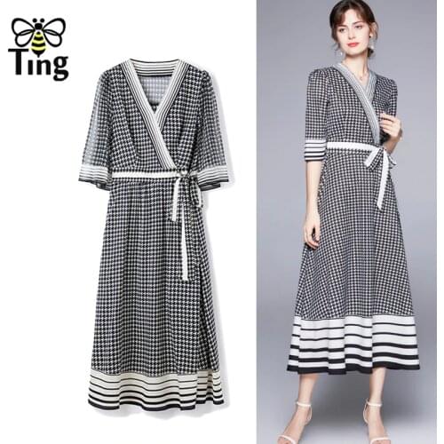 Tingfly Vintage Elegant Houndstooth Plaid Summer Midi Long Dress Women Office Style Striped Dress Plus Size Vestidos Zaful Traf