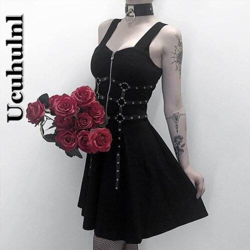 Ucuhulnl Neck Black Dress Women Summer Metal Rock Punk Wind Darkness Casual Streetwear Lady Mini Dress Sleeveless Zipper Dress