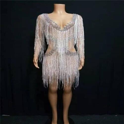 T38 Female perspective mesh tassel dresses V-neck silver rhinestones hip skirt dance costume party wears singer outfit cloth bar