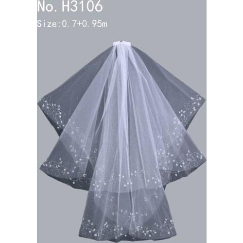 2-layer beaded lace bridal veil with wedding dress veil around hem beads 65+80CM