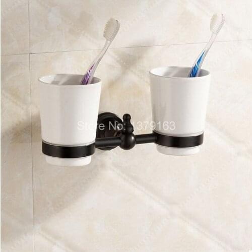 Bathroom Accessories Black Color Oil Rubbed Brass Bath Wall Mounted Bathroom Toothbrush Holder Set Double Ceramic Cups aba828