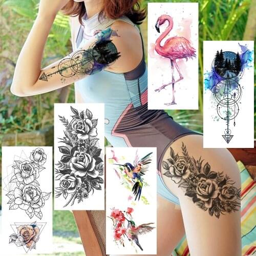 Watercolor Anchor Hummingbird Flamingo Temporary Tattoo Waterproof Pencil Sketch Flower Tatoo Fake Creative Body Art Decor Tatoo