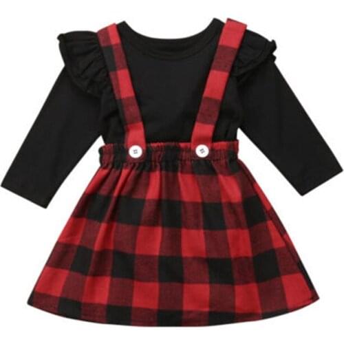 Infant Kids Baby Girls Clothes Princess Ruffle Top T-Shirt Plaid Bib Strap Overall Skirt Xmas Outfits Children Clothing Set
