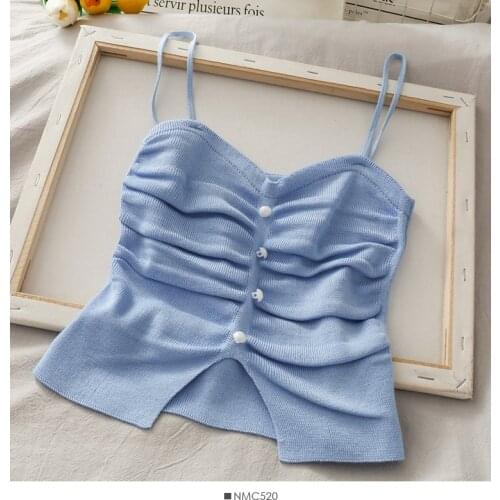 Heliar Knitted cropped Crop Top Ruched Front With Buttons Spaghetti Straps Sexy Top Cut Out Front Slinky Going Out cropped Tops