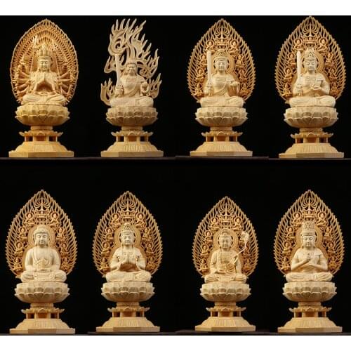 Cypress Wood 28cm Boxwood 18cm Eight Buddha Sculpture Sakyamuni Wood Carving God Statue Worship Feng Shui Home Decor