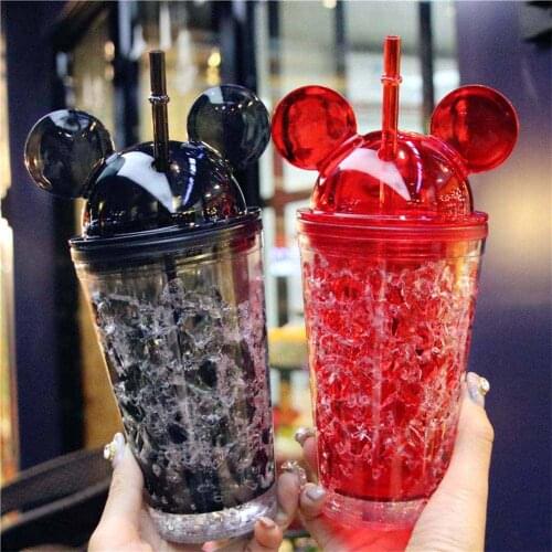 Summer Double Layer Healthy Refrigerant Straw Cup Girl Water Coffee Juice Plastic Bottle Vogue Cute Big Ear Cool Drink Bottle