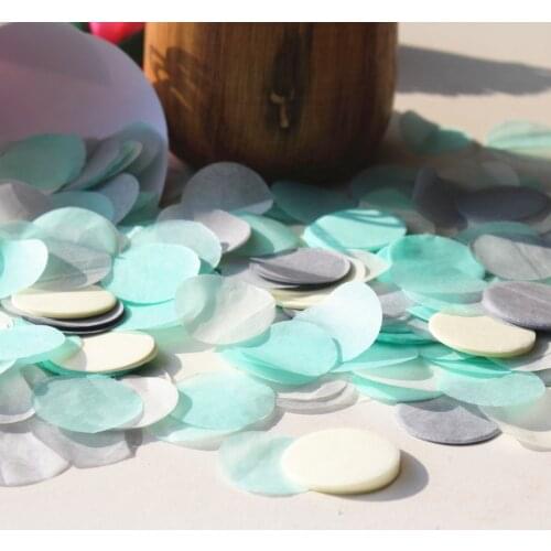 Mint green ivory grey silver wedding party guests flower girl throwing circle confetti balloon biodegradable tissue paper