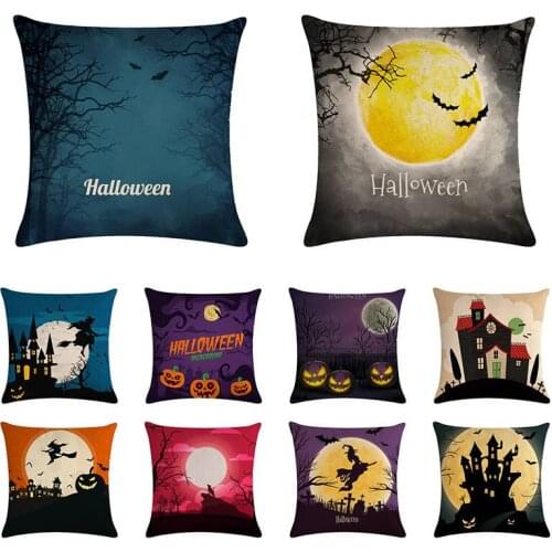 Halloween Ghost Witch Pumpkin Castle Pillowcases Linen Square Green Cushion Cover for Home Decoration Throw Pillow Cover 1707