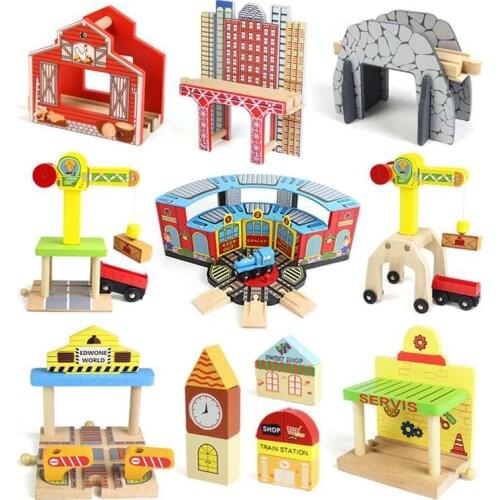 New Wooden Railway Train Track Set Accessoriess Train Station Tunnel Crane Fit All Brands Wood Tracks Educational Toys For Kids