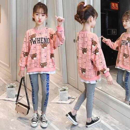 Teenage Ggirls Clothing 2021 New Autumn Kids Clothes Childrens Casual Cartoon Bear Sweatshirt + Leggings Sets 4 6 8 10 12 Years