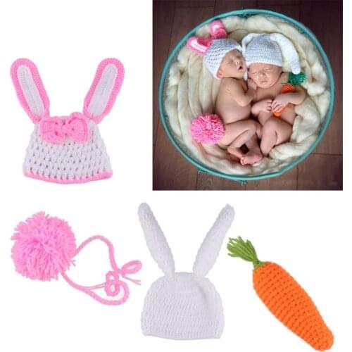 Newborn Photography Props Infant Outfits Baby Rabbit Crochet Knit Hat Clothes carrot white photography cap