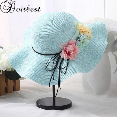 Doitbest Summer women flower Simple Wavy large brimmed straw hat adult womens Beach Hats Parent-child sun hat