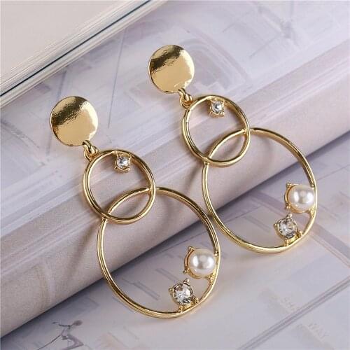 Alloy Circle Ring Pearl Crystal Pendant Earring Bohemian Retro Ear Earrings For Women Dangle Party Jewelry Gift