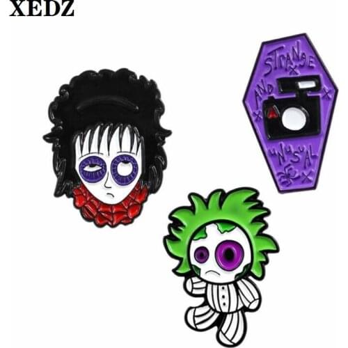 XEDZ Gothic cartoon doll scary big eyes camera enamel pin green hair boy brunette girl backpack shirt badge jewelry brooch gift