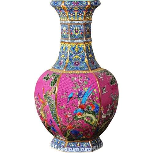 Qian Long Antique china porcelain Chinese Handmade Sculpture Pink Gold Decoration Vase For Decent Gifts