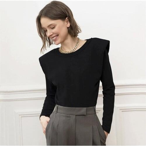 2020 New Fashion Pads Shoulder Top Women Graceful Long Sleeve T-Shirts Ladies Solid Color Top for Work Daily Wear Autumn Spring