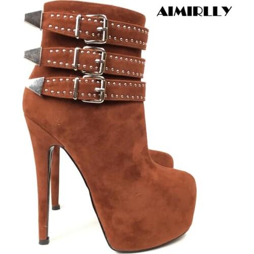 Womens Round Toe High Heels Ankle Boots Rhinestone Buckle Straps Platform Booties Fashion Female Winter Footwear Zipper