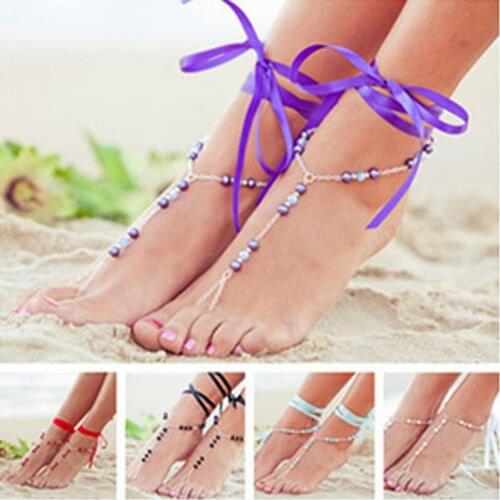 2020 Bohemia Handmade Ribbon On Leg Anklets Simple Chic Beads Silver Color Chain Toe Ring Ankle Anklets For Women Foot Jewelry