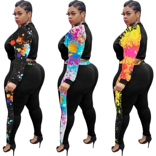 Plus Size Clothing Two Piece Outfits For Women Fashion Printed Long Sleeve Top and Pants Fall Spring Wholesale Tracksuit L-4XL