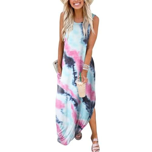 Summer Women Tie Dye Casual Tank Dress Plus Size Sleeveless O Neck Long Dresses For Women Clothing Vestidos Mujer Verano 2021